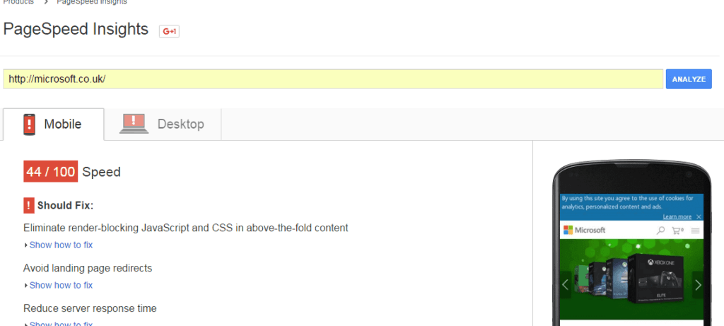 The microsoft site review from the goole page speed insights tool