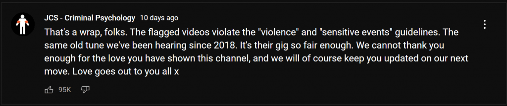 JCS - videos being flagged due to violating YouTube’s guidelines