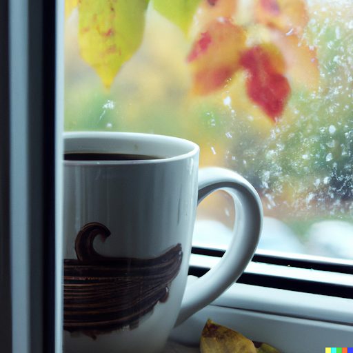 DALLE AI image - Autum coffee cup on window ledge