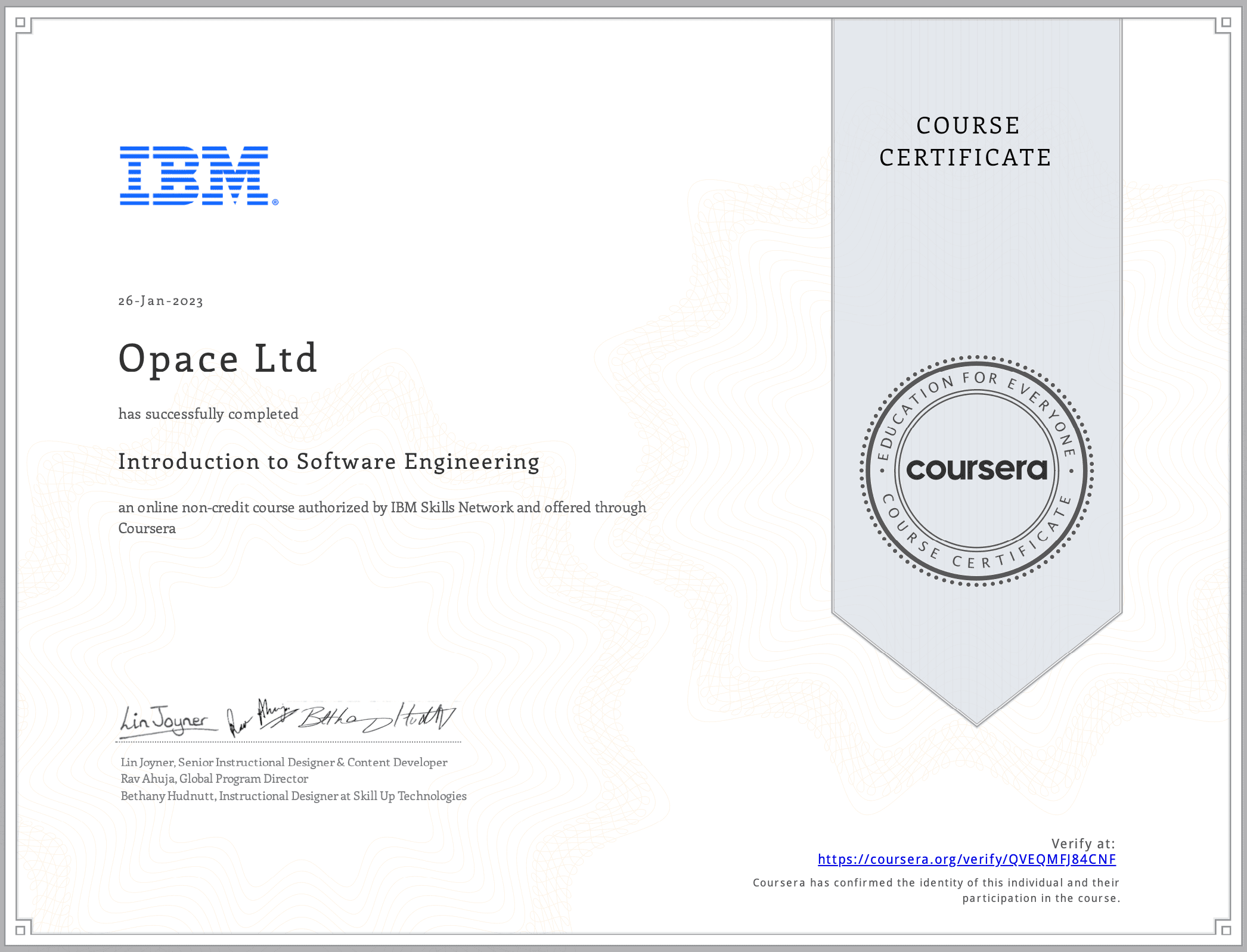 IBM Software Development certificate