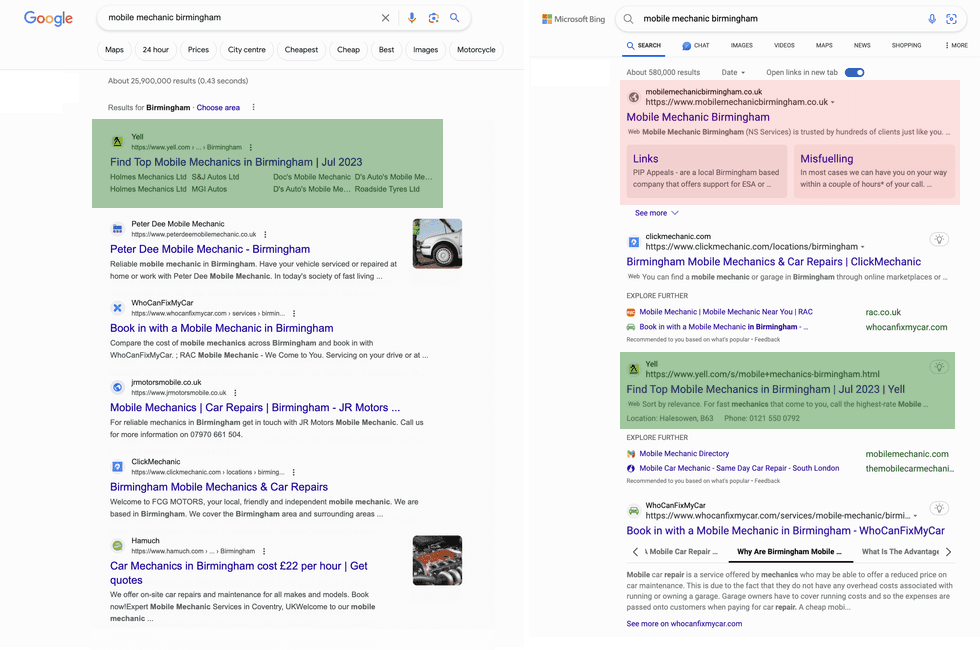 Bing vs google search results small